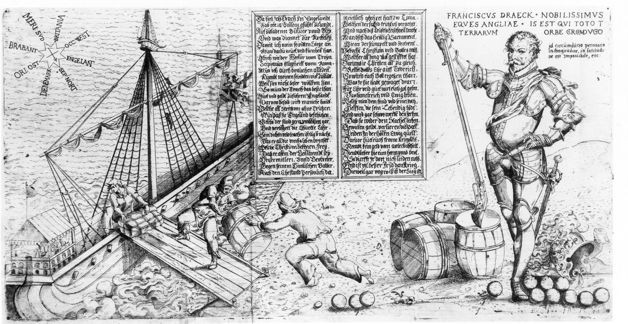 Sir Francis Drake (c.1540-96) observe le chargement de son navire - German School