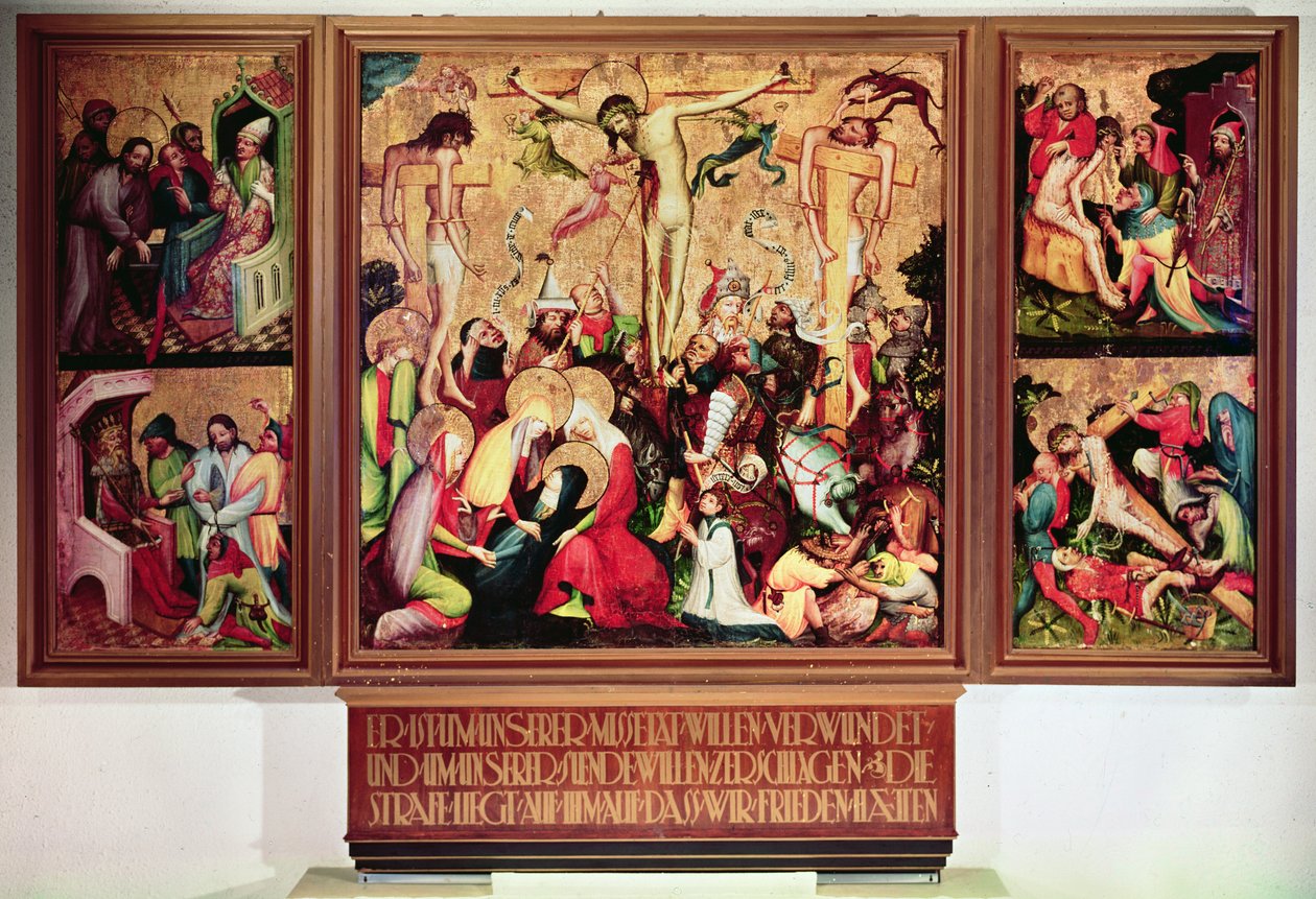 La Crucifixion, triptyque avec panneaux latéraux représentant des scènes de la Passion - German School