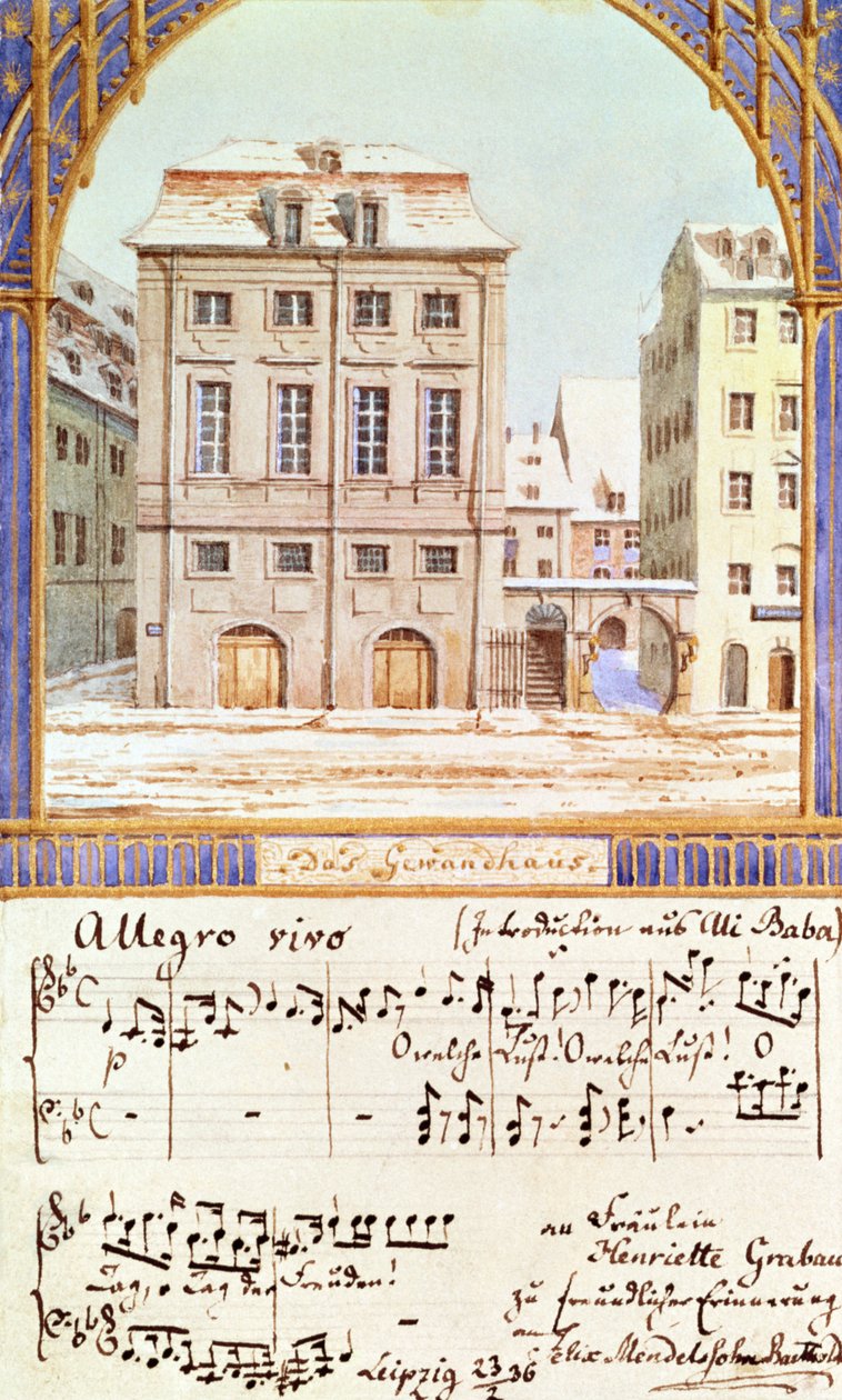 Le Gewandhaus de Leipzig avec une pièce de musique de Felix Mendelssohn (1809-47) - German School