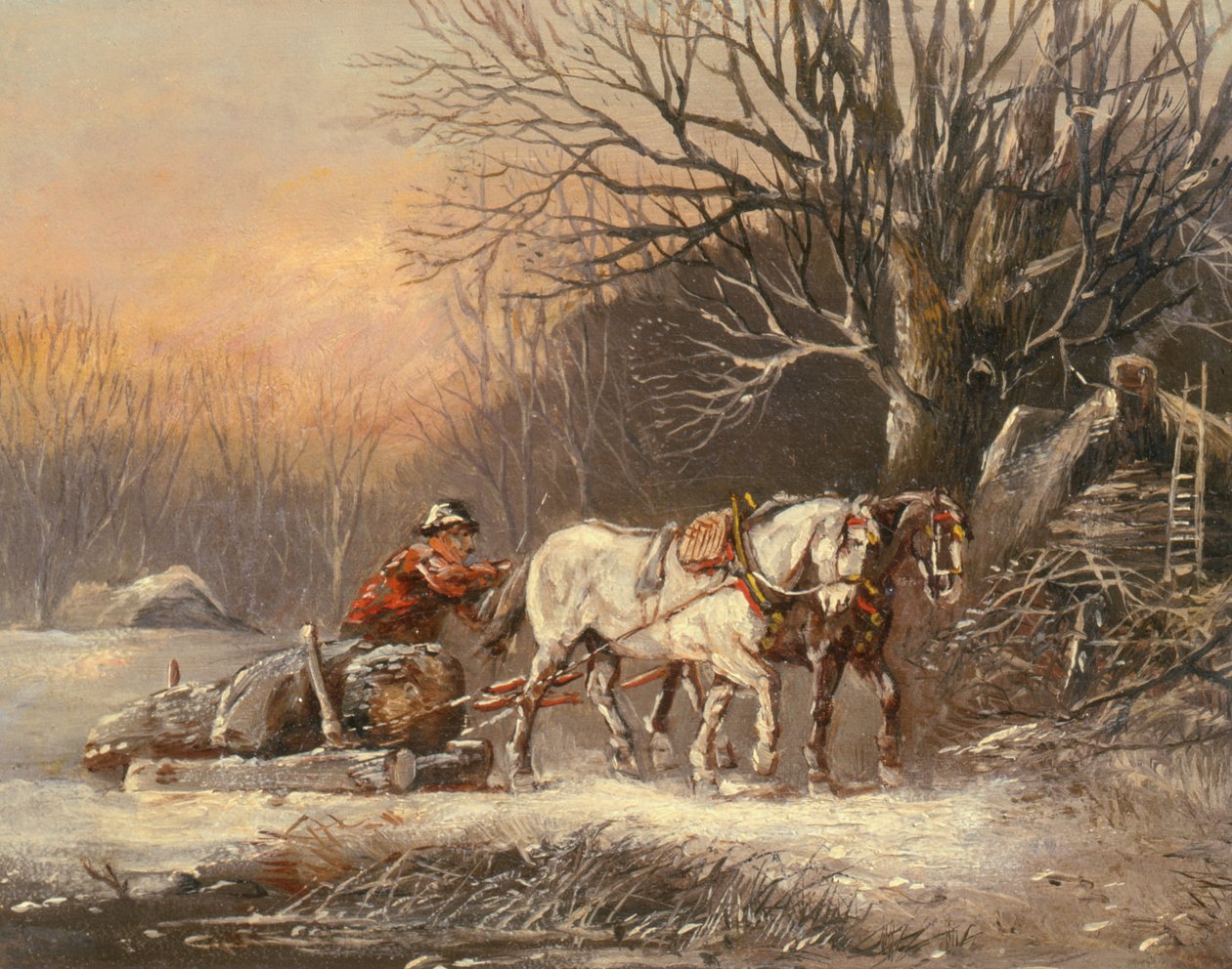 Traîneau en bois en hiver, 19ème siècle - German School