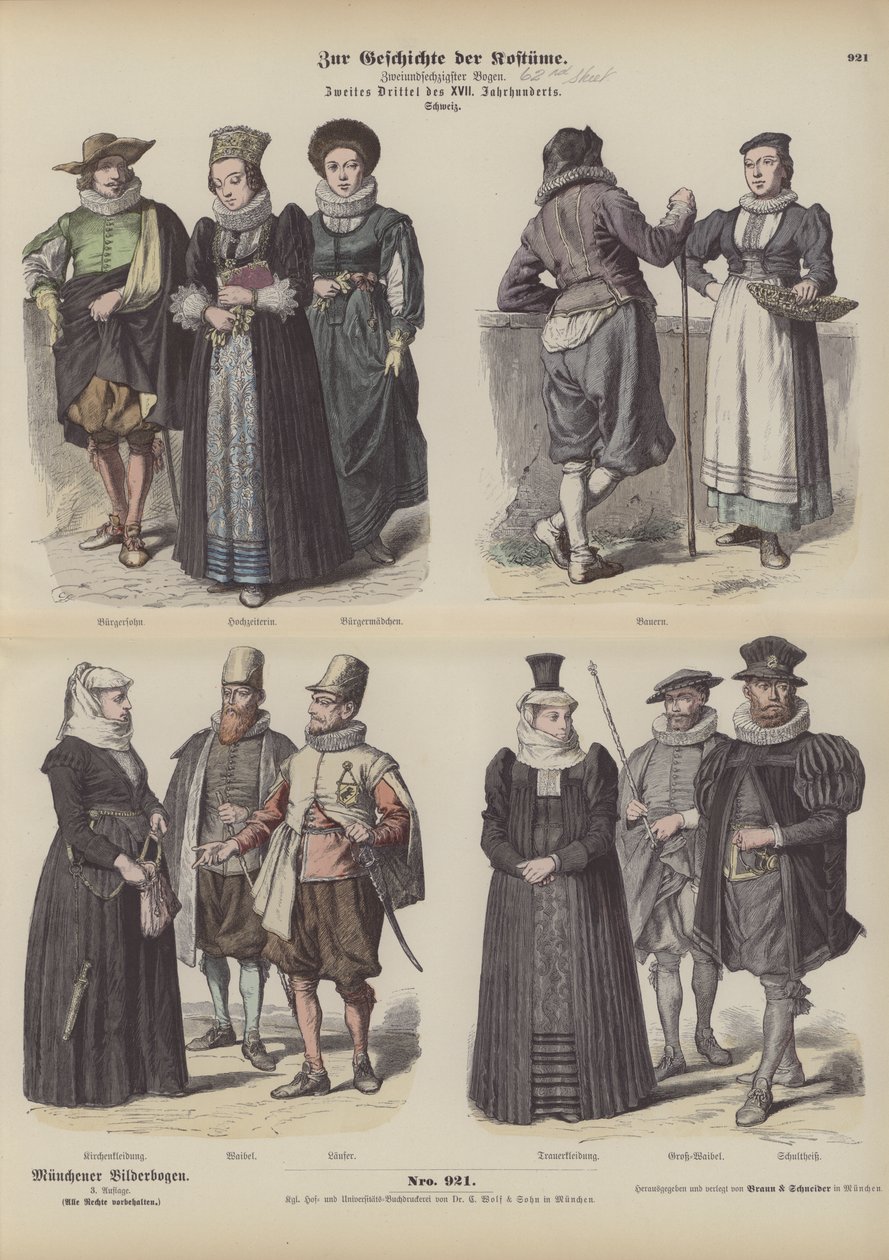 Costumes suisses, milieu du 17ème siècle (gravure en couleur) - German School