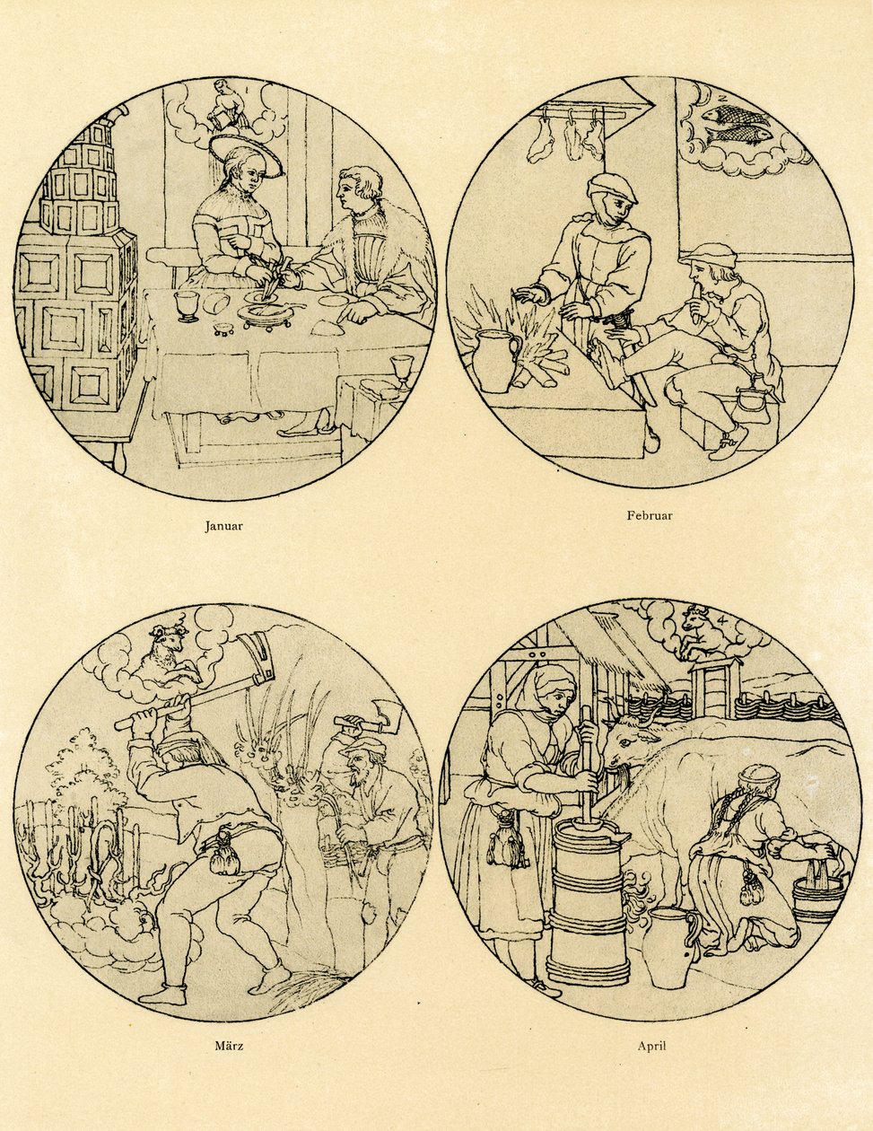 Douze images de calendrier en forme circulaire - German School
