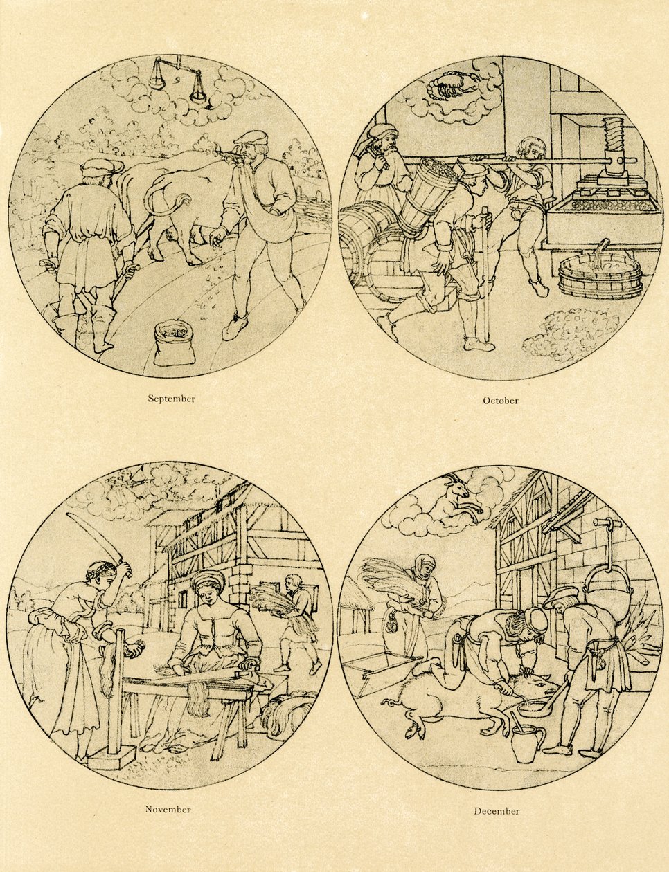 Douze images de calendrier en forme circulaire - German School