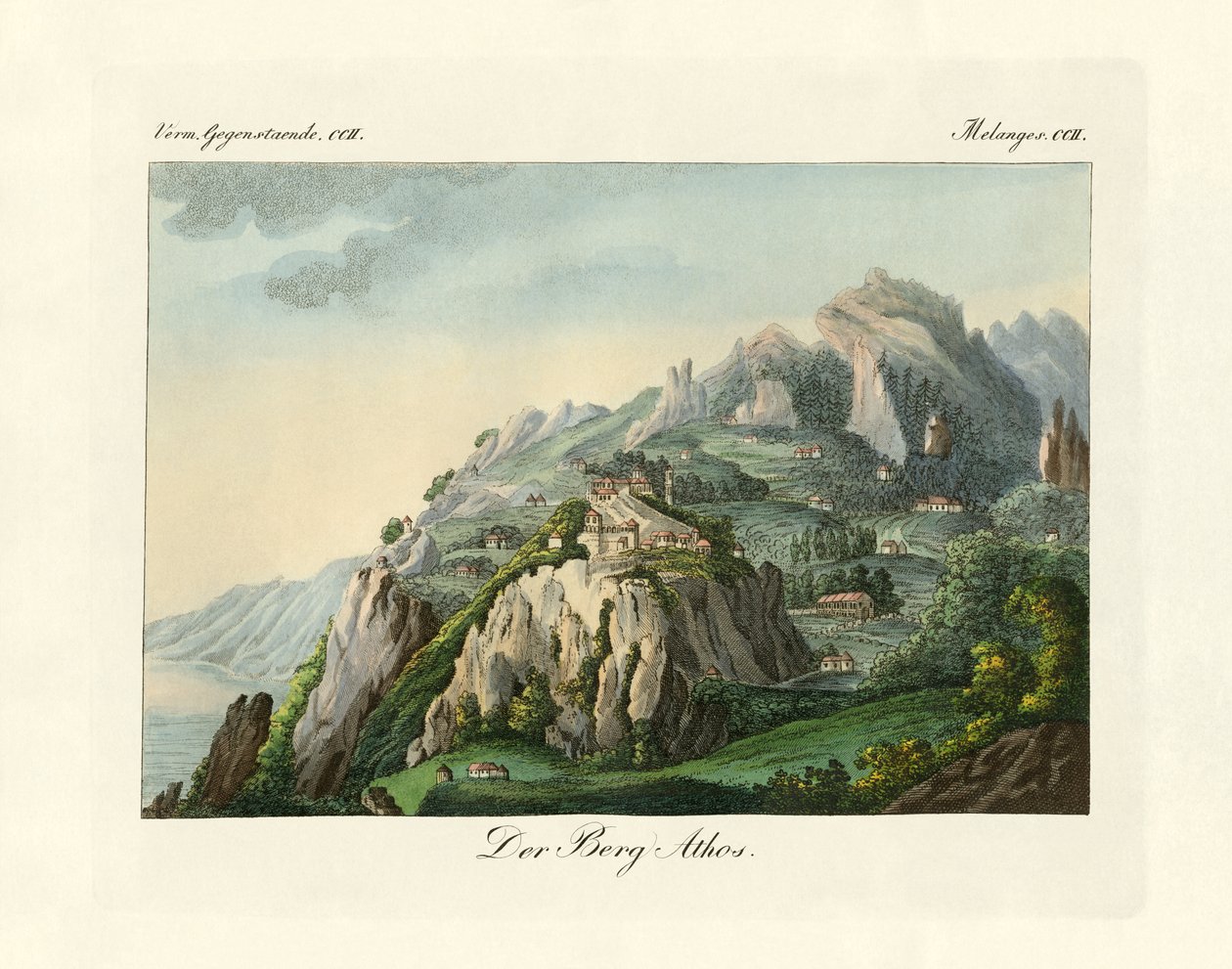 Vue du Mont Athos (gravure en couleur) - German School