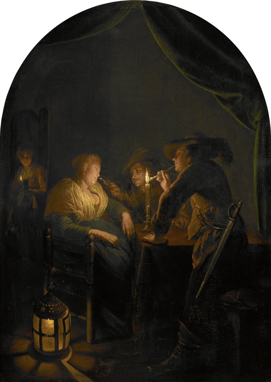 Une femme endormie est taquinée par deux soldats - Gerrit Dou