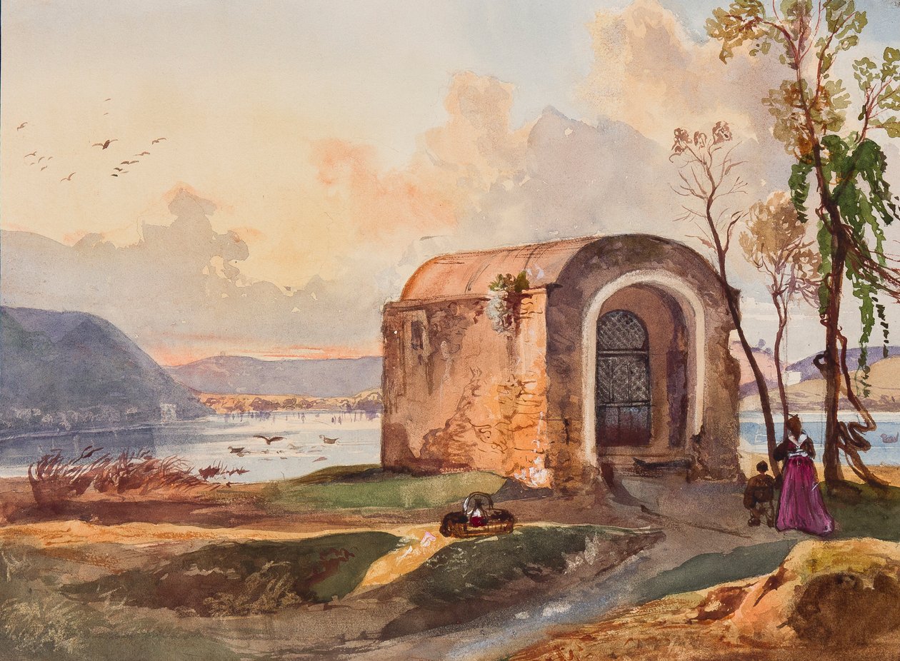 Chapelle près du lac Lucrino, avec des ajouts par un élève Borbone, peut-être la princesse Maria Annunziata di Borbone (1843-1871) - Giacinto Gigante
