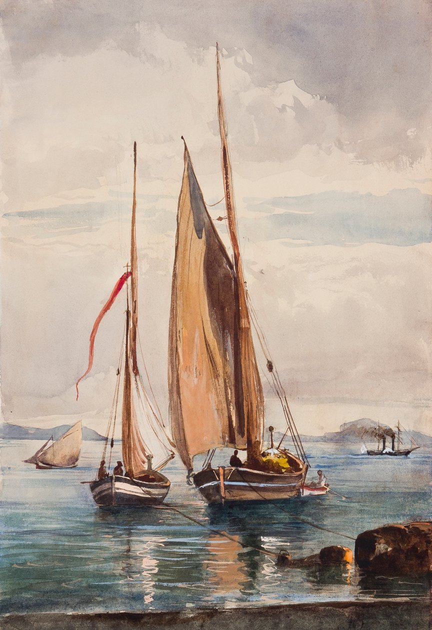 Bateaux de pêche et paquebot, avec ajouts du Prince Alfonso Maria di Borbone (1841-1934) - Giacinto Gigante