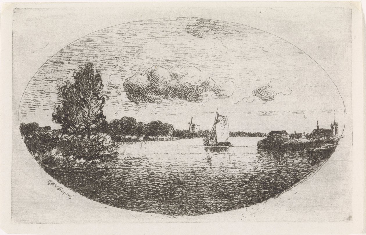 Vue de rivière avec un voilier - Gijsbertus Johannes Verspuy