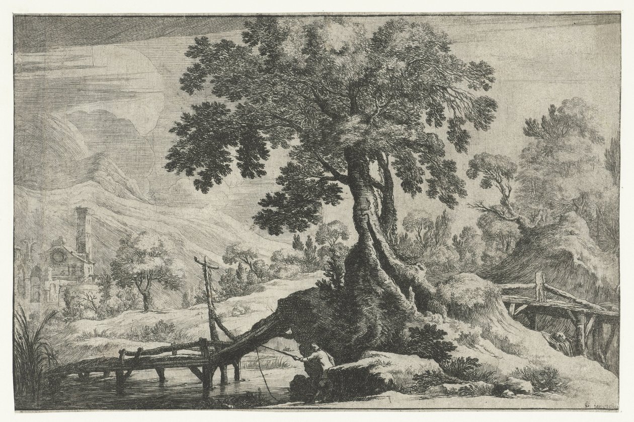 Paysage fluvial avec un pêcheur sur un pont - Gilles Neyts