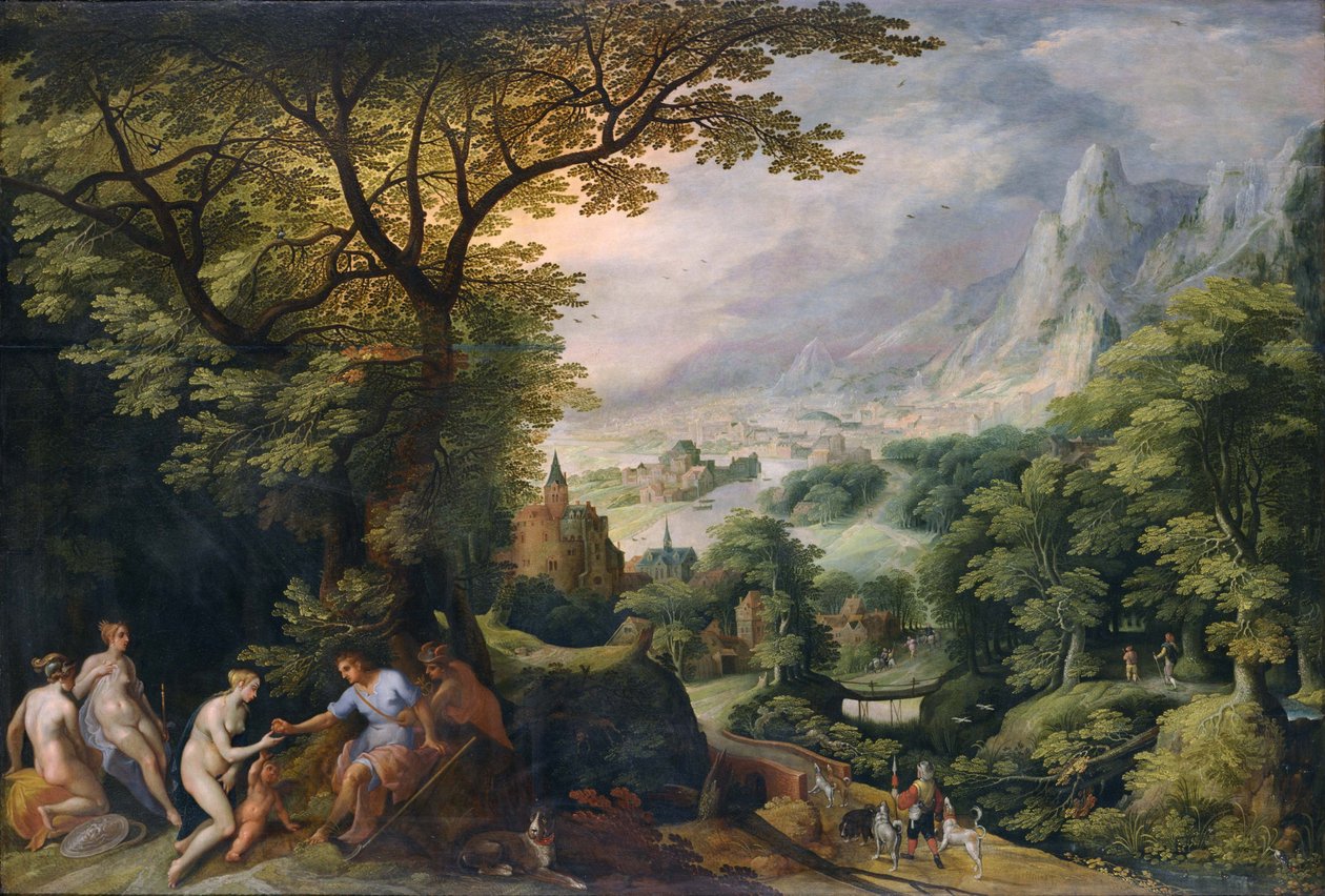 Paysage montagneux dans lequel est représenté le "Jugement de Paris". - Gillis van Coninxloo
