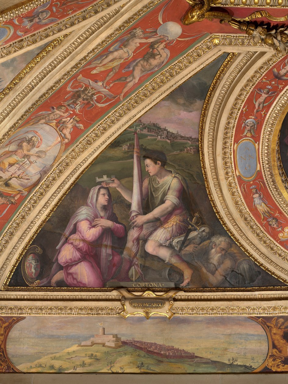 Allégorie de Cortona; en bas, vue de Montecarlo - Giorgio Vasari