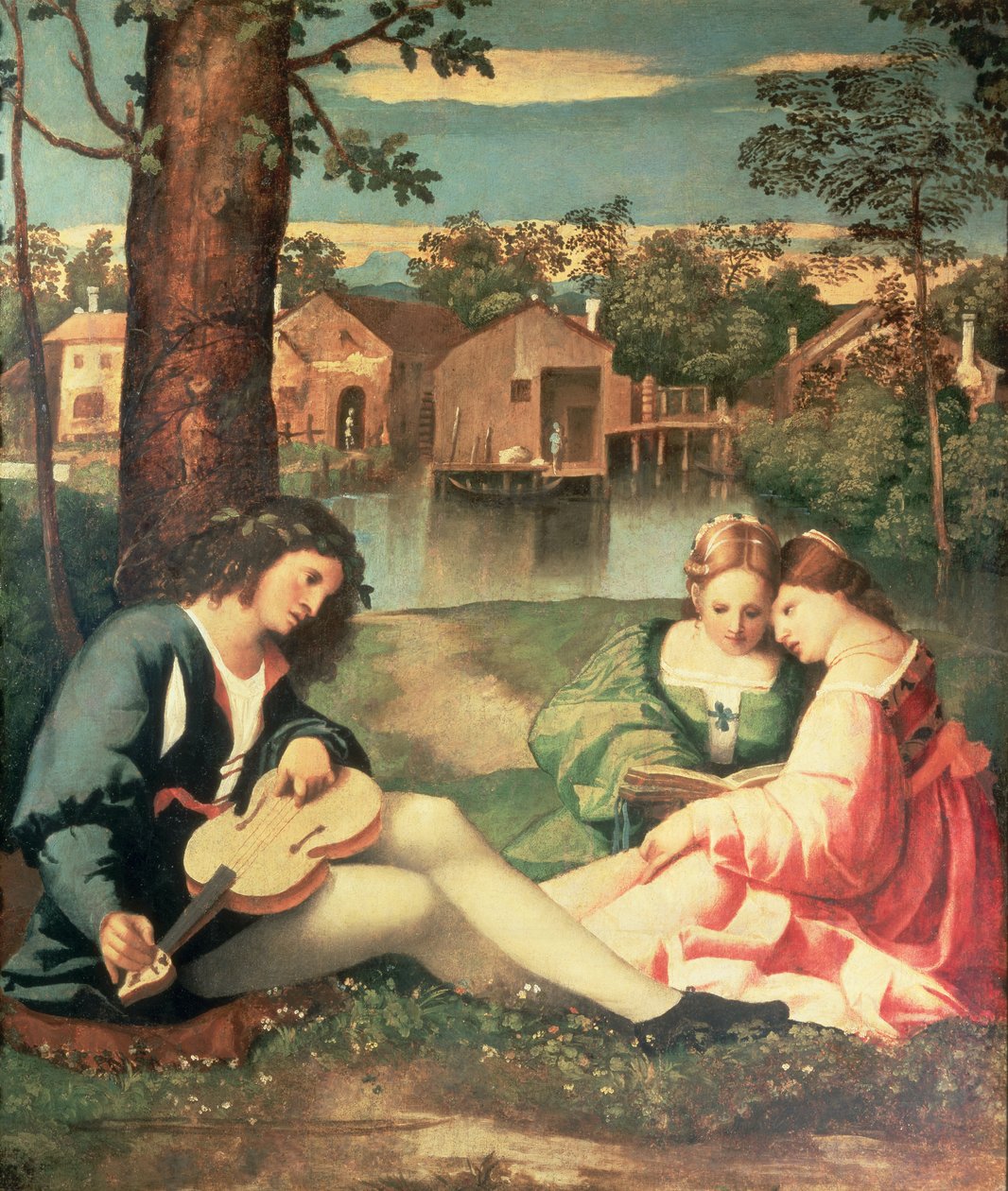 Jeune homme avec une guitare et deux filles assises sur une rive - Giorgione da Castelfranco