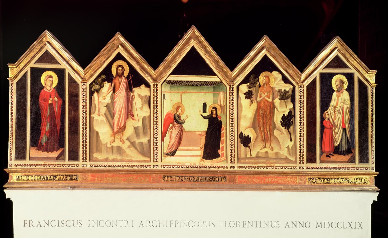 Polyptyque de Sainte Réparate, de gauche à droite : Sainte Réparate, Saint Jean-Baptiste, Annonciation, saint non identifié, Saint Nicolas (verso) - Giotto di Bondone