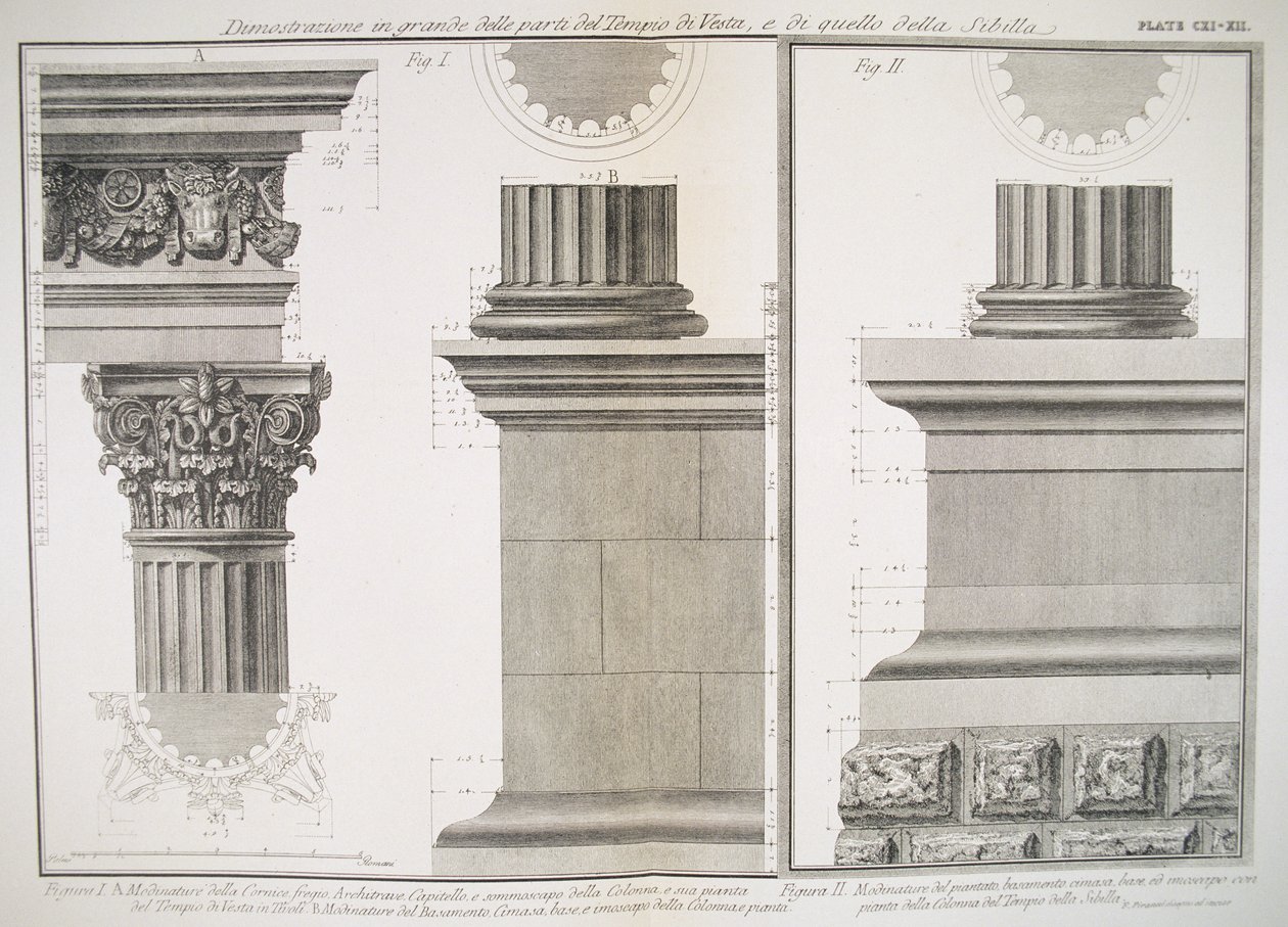 Planche CXI-XII Illustration de la structure de la colonne du Temple de Vesta et du Temple de Sibilla de 