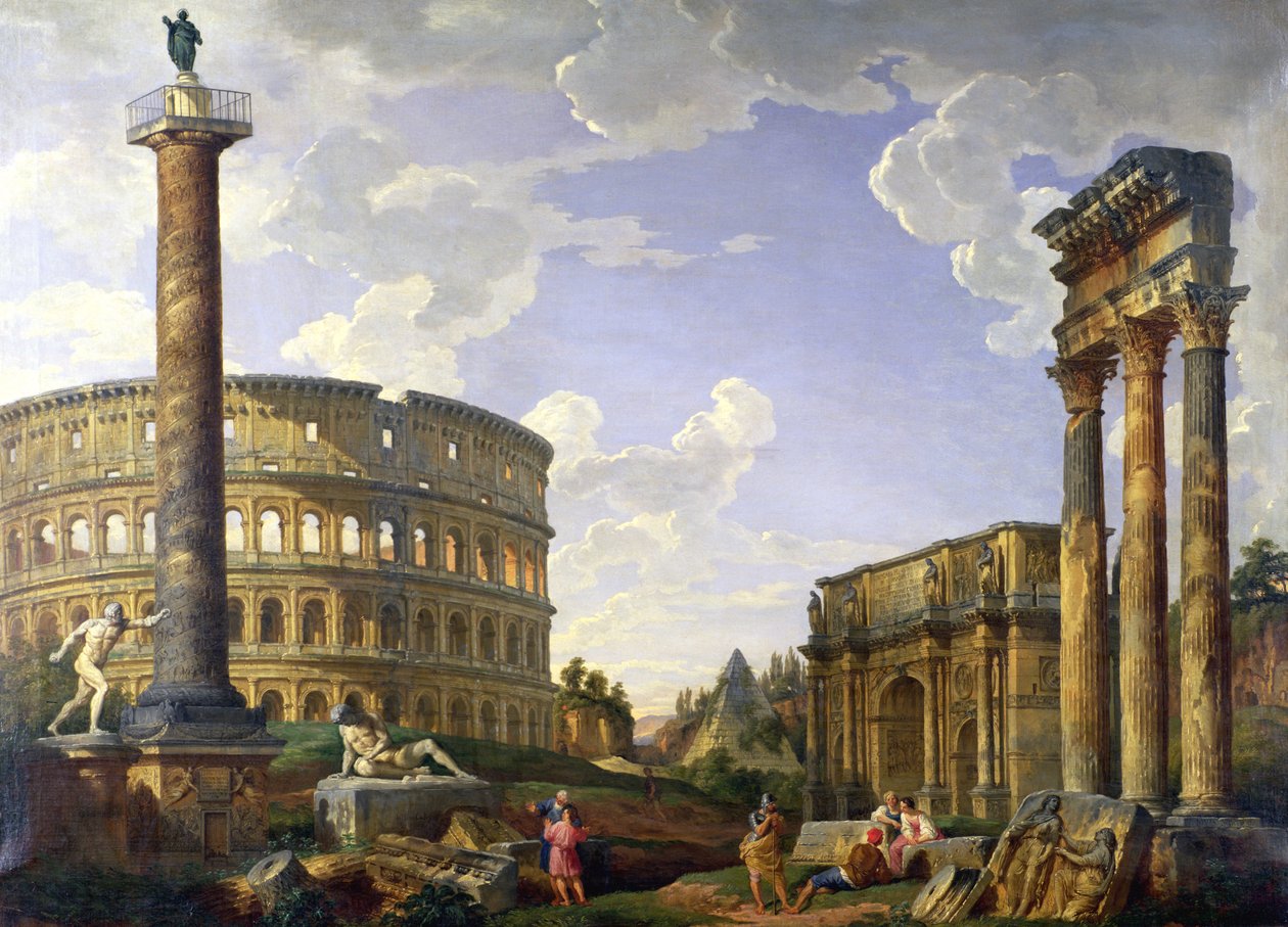 Capriccio romain montrant le Colisée, le Guerrier Borghèse, la Colonne Trajane, le Gaulois mourant, la Tombe de Cestius, l