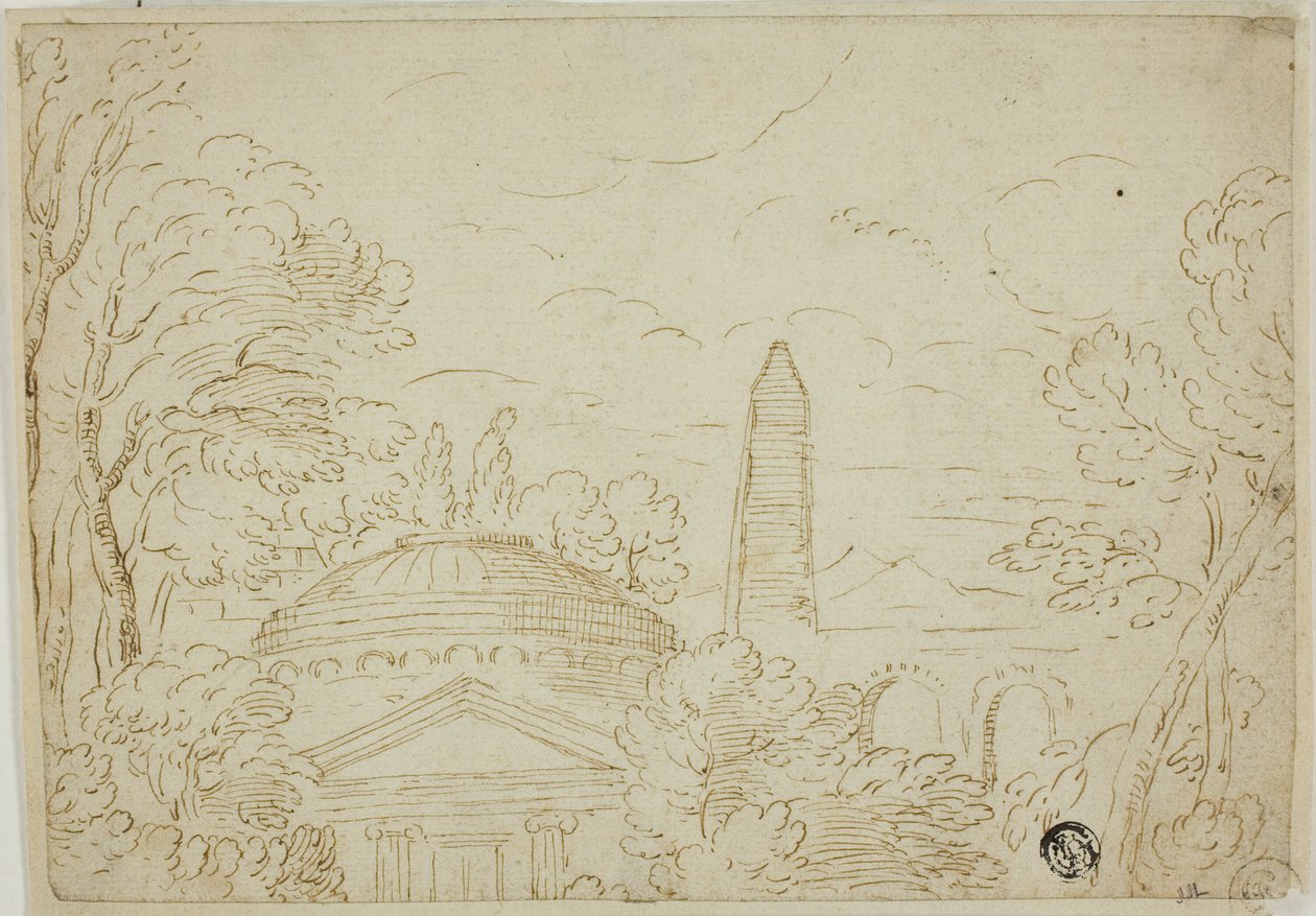 Paysage avec temple, obélisque et aqueduc - Giovanni Francesco Grimaldi