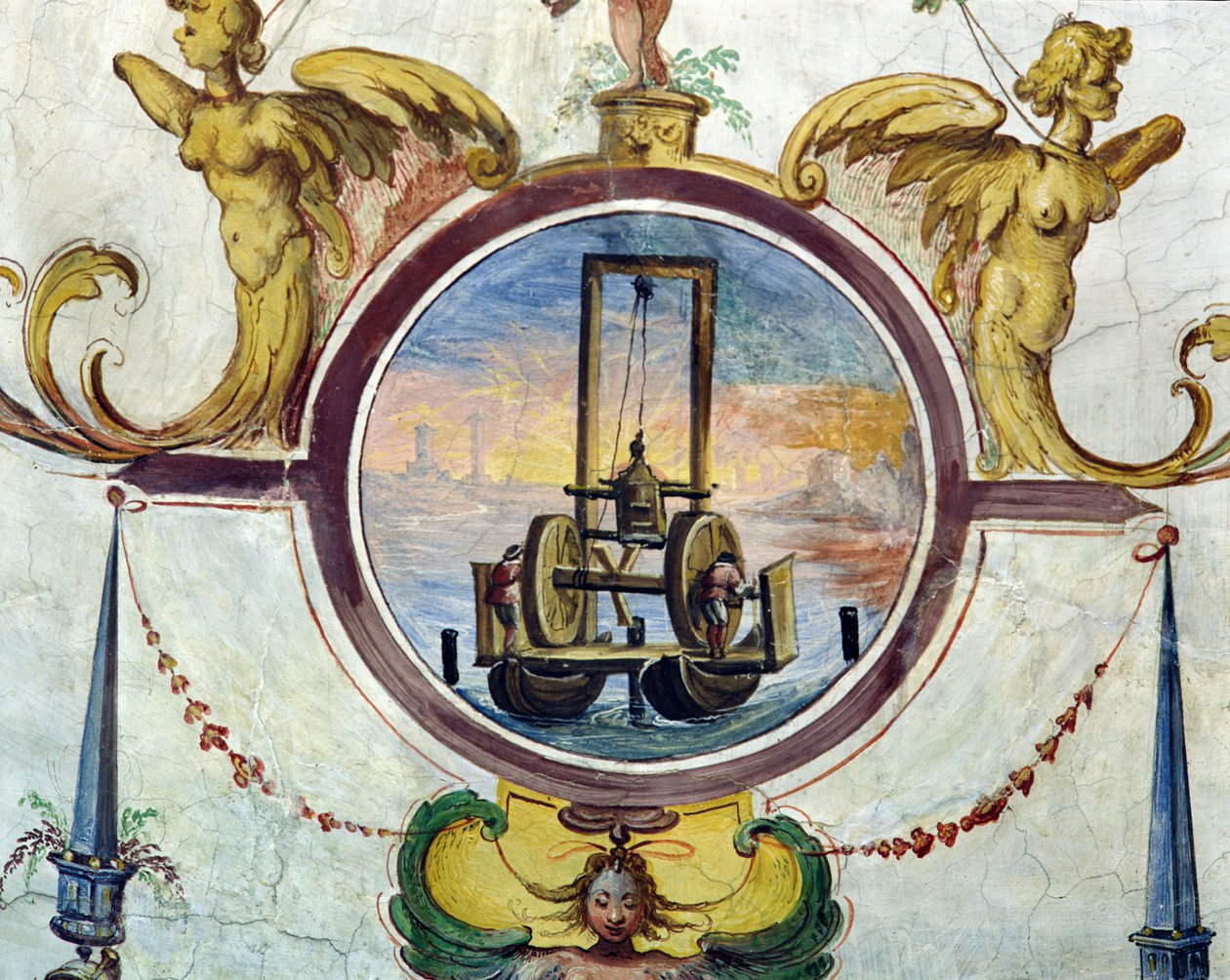 Grand ponton avec un dispositif pour enfoncer des pieux dans le fond marin, Stanza della Mattematica, 1587-1609 - Giulio Parigi