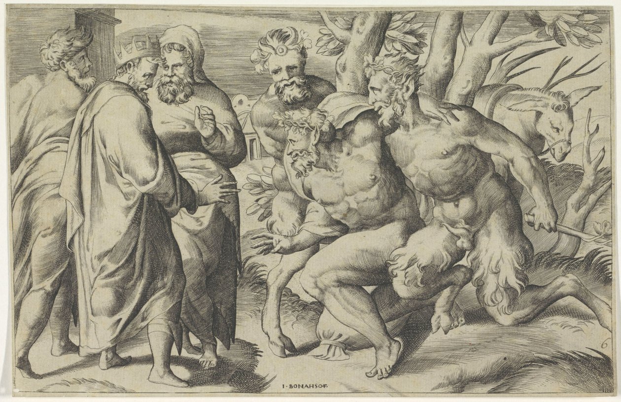 Deux satyres amènent Silène au roi Midas - Giulio Bonasone