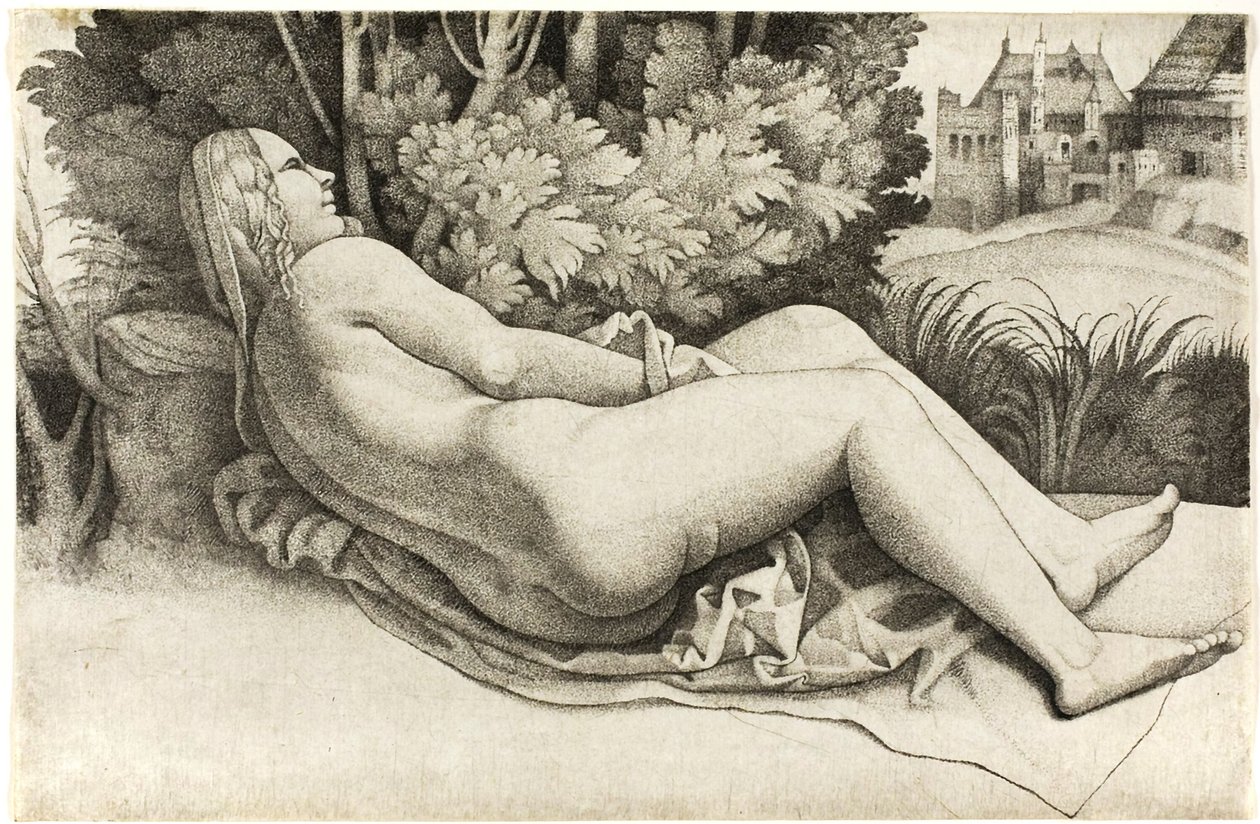 Femme allongée dans un paysage - Giulio Campagnola