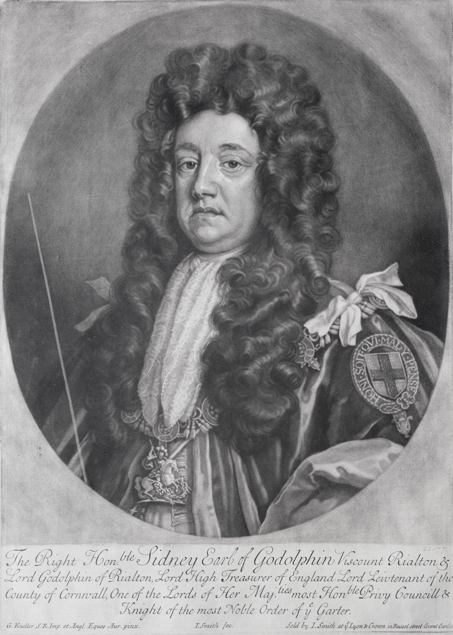 Portrait de Sidney Godolphin (1645-1712) 1er comte de Godolphin gravé et publié par John Smith (1652-1743) 1707 (mezzotinte) - Godfrey Kneller