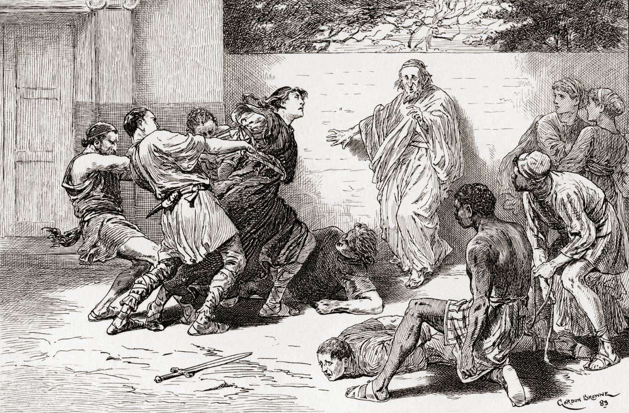 Une scène de la pièce de William Shakespeare La Comédie des erreurs, Acte V, Scène 4, Adriana : O, attachez-le, attachez-le, ne le laissez pas s