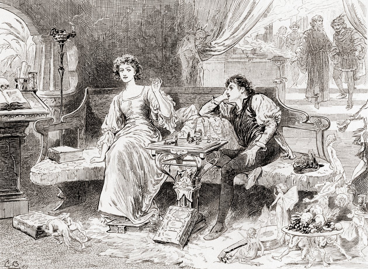 Scène de la pièce de William Shakespeare, La Tempête, Acte V, Scène 1, de Les Œuvres de William Shakespeare, publié en 1896 - Gordon Frederick Browne