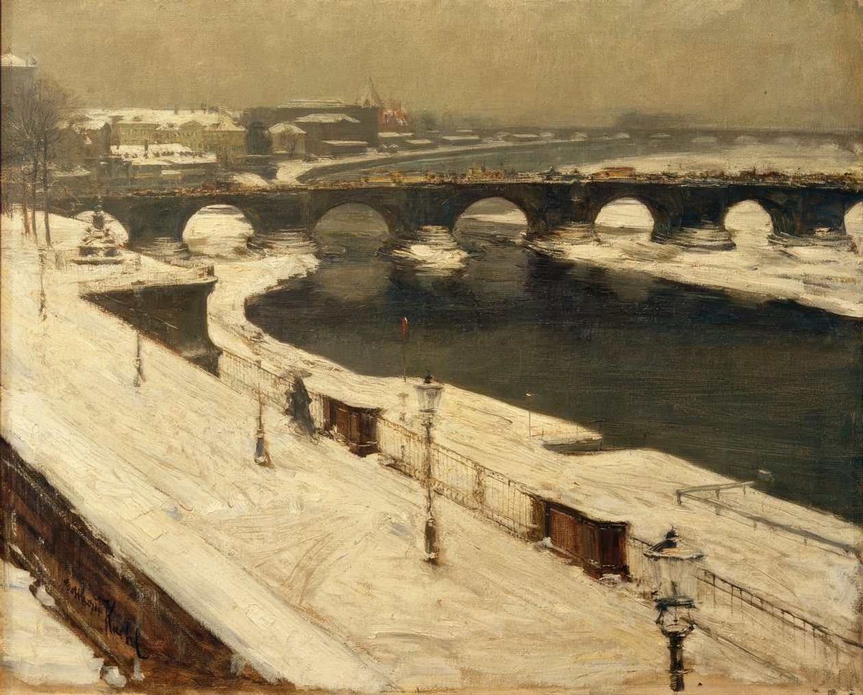 Elbe et pont Augustus en hiver - Gotthardt Johann Kuehl