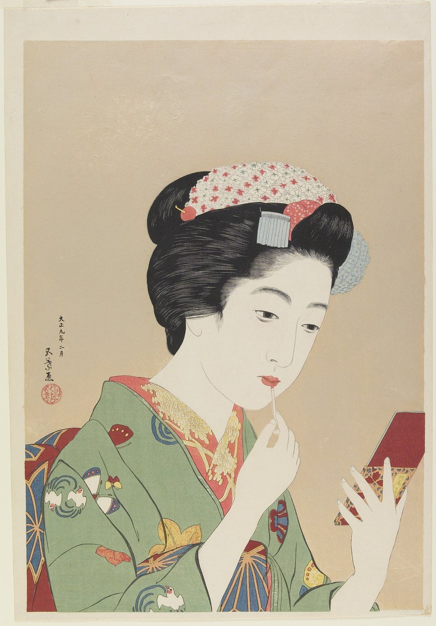 Femme tenant un pinceau à lèvres, février 1919 - Goyo Hashiguchi