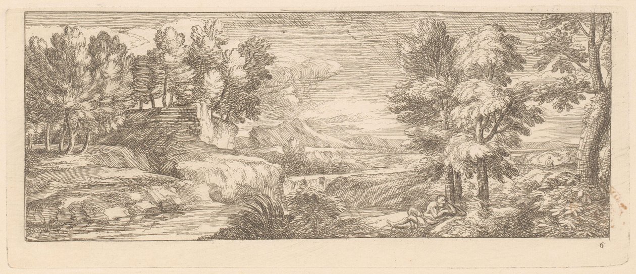 Paysage fluvial avec personnages au repos - Gérard Audran