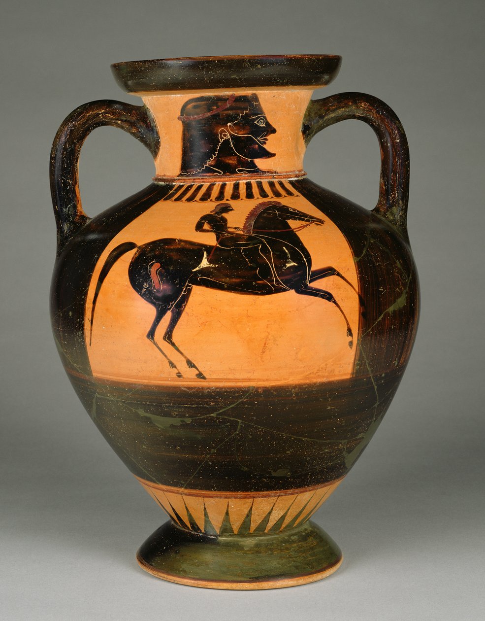 Amphore à figures noires attique athénienne avec cavalier nu, vers 570-60 av. J.-C. (terre cuite) - Greek