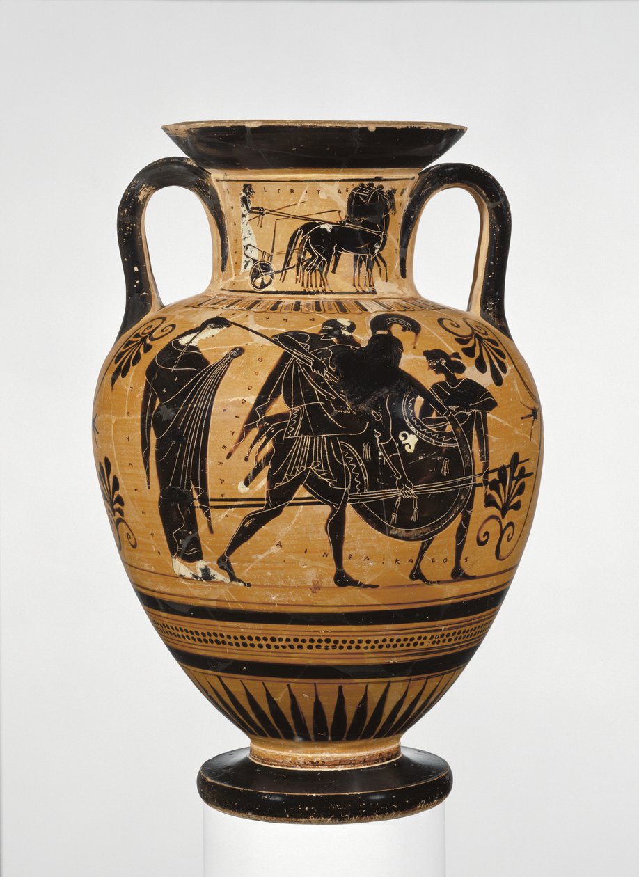 Amphore à col attique à figures noires athéniennes montrant le sac de Troie c.510 av. J.-C. (terre cuite) - Greek