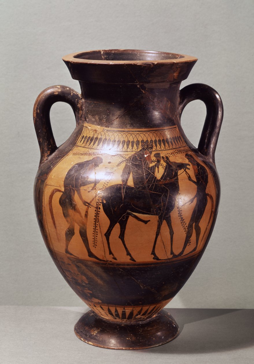 Amphore à figures noires attique représentant Dionysos sur une mule et deux Silènes, vers 510 av. J.-C. - Greek