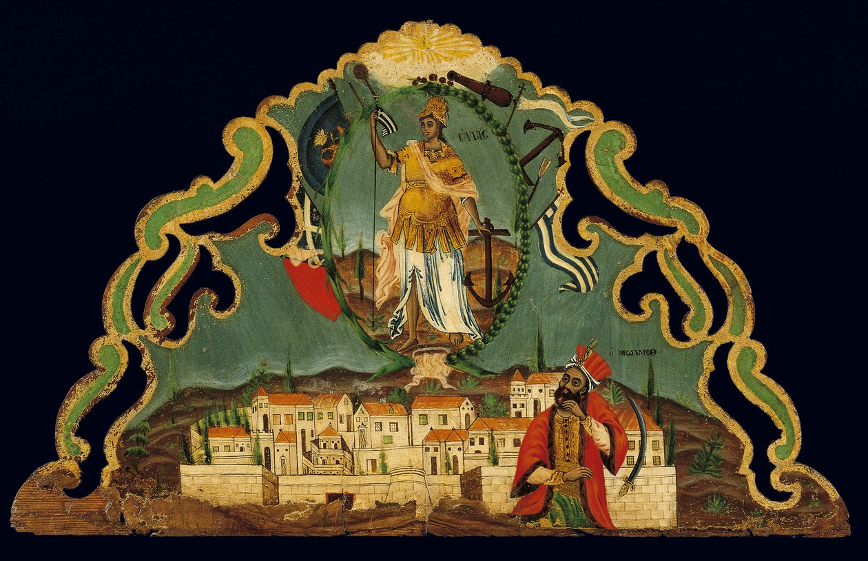 Cantonnière représentant la Renaissance de la Grèce au-dessus d