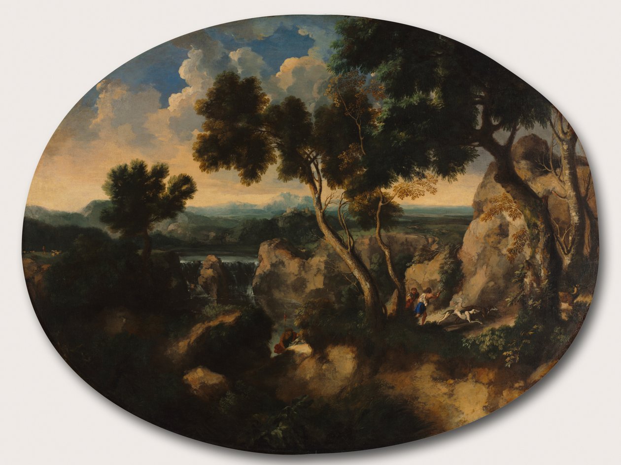 Paysage rocheux avec chasseurs - Gu Tianzhi
