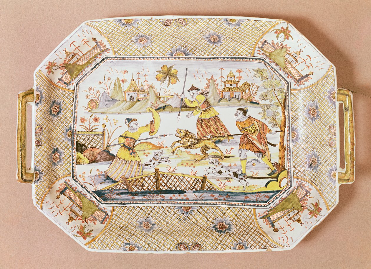 Plat octogonal avec un motif chinois de chasse au lion, c.1730 - Guillibaud