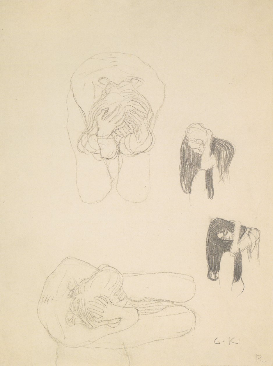 Deux nus accroupis et deux études de profil vers la gauche - Gustav Klimt