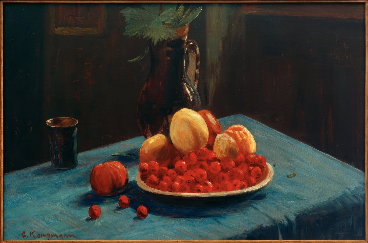 Nature morte de fruits sur nappe bleue - Gustav Kampmann