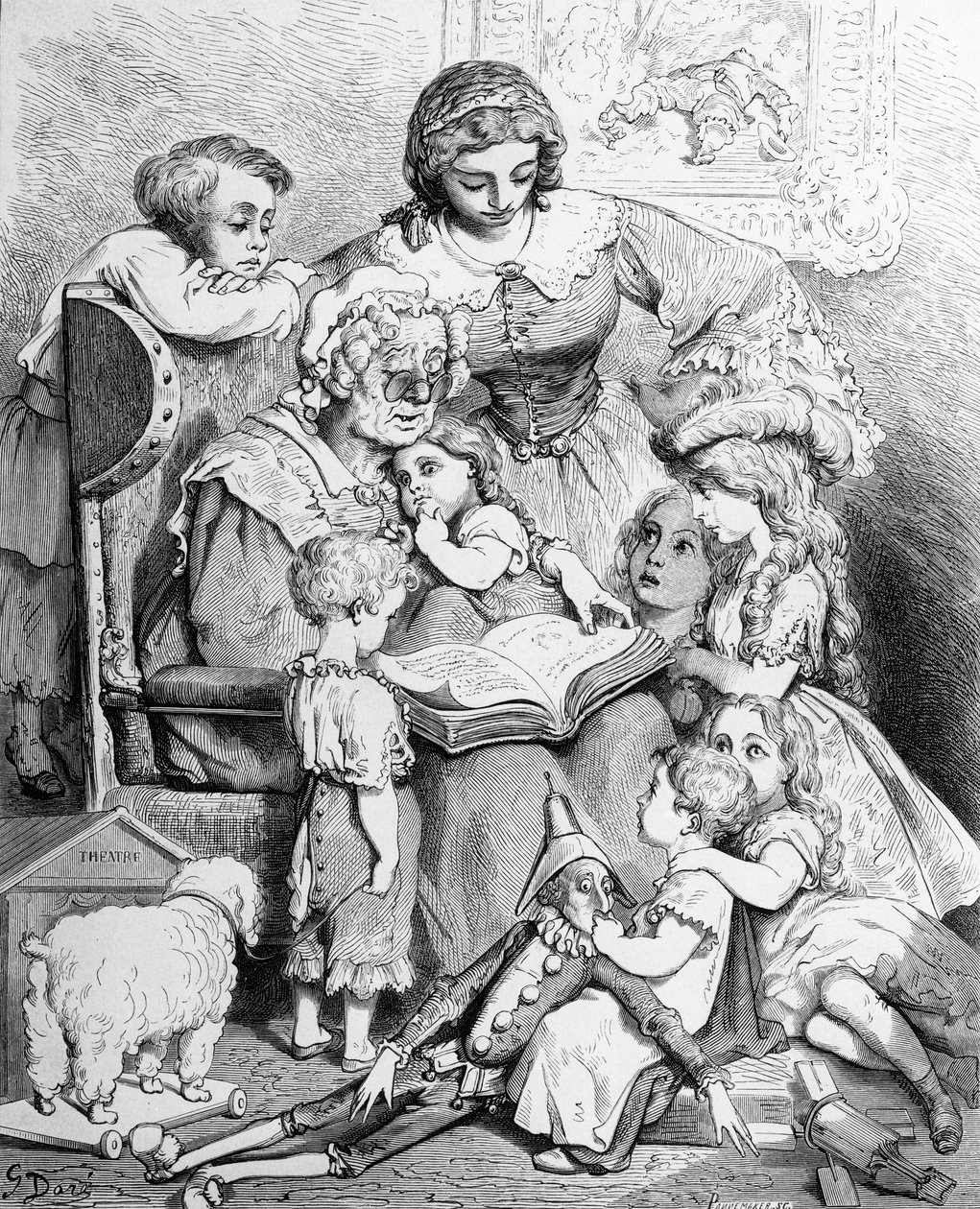 Grand-mère racontant une histoire à ses petits-enfants, page de titre illustrée de 