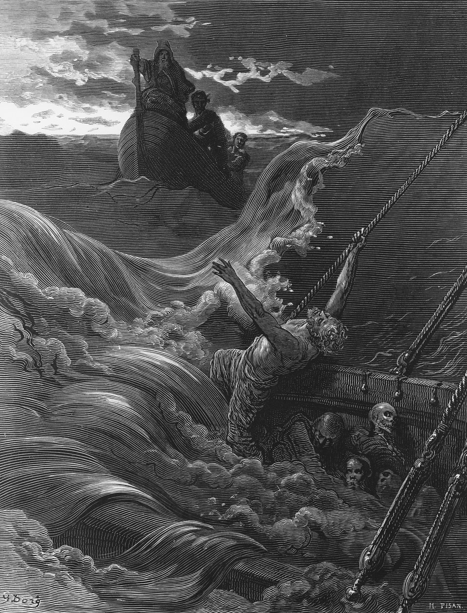 Le marin, alors que son navire coule, voit le bateau avec l