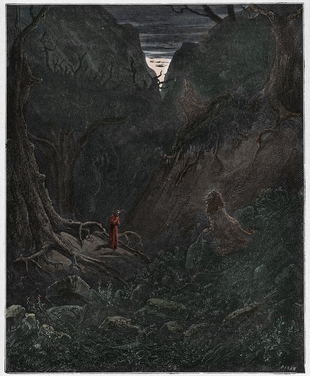 Inferno, Chant 1 : Le lion confronte soudainement Dante, illustration de La Divine Comédie de Dante Alighieri, 1885 - Gustave after Dore