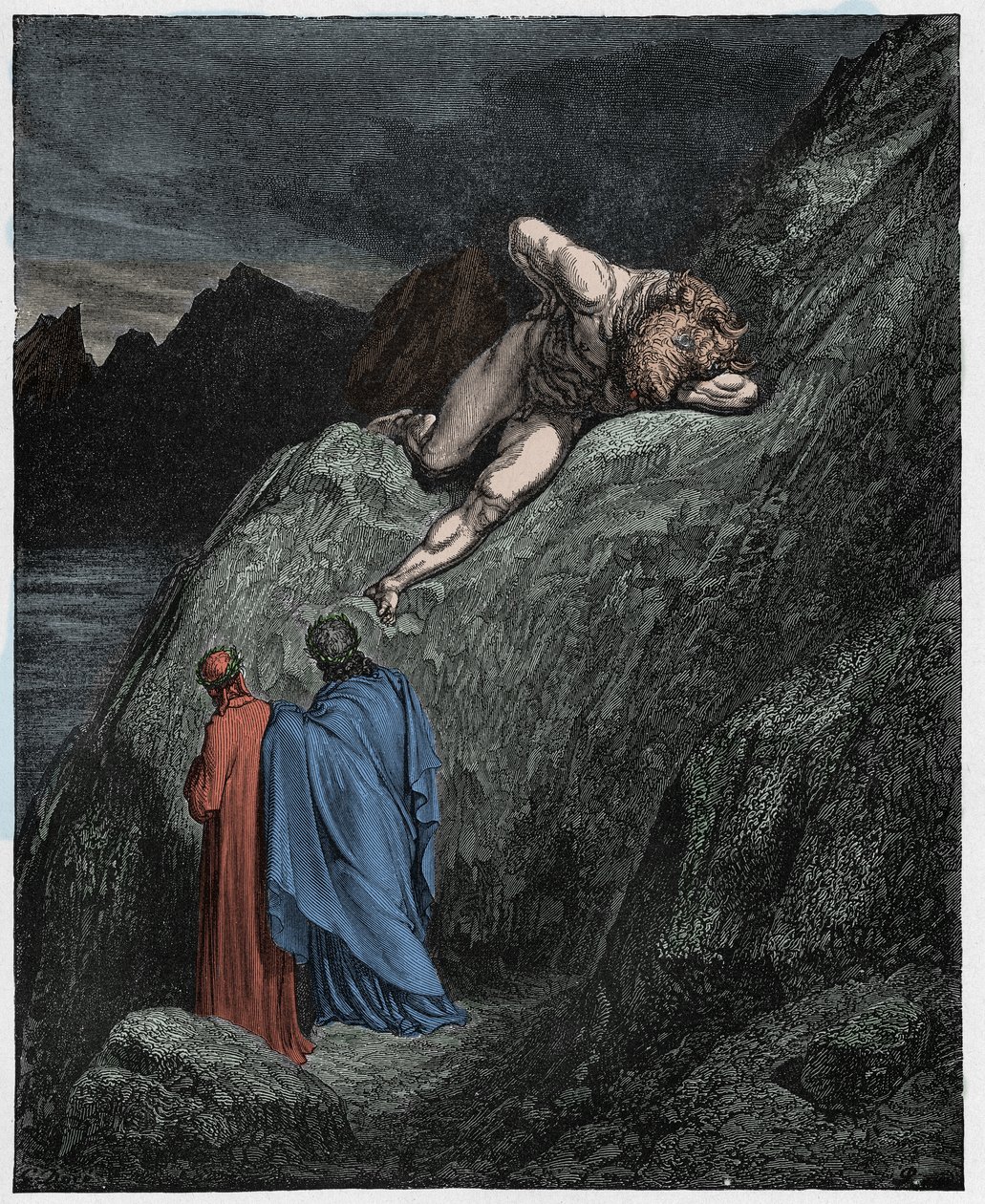 Inferno, Chant 12 : Le Minotaure sur la falaise brisée, illustration de La Divine Comédie de Dante Alighieri, 1885 - Gustave after Dore