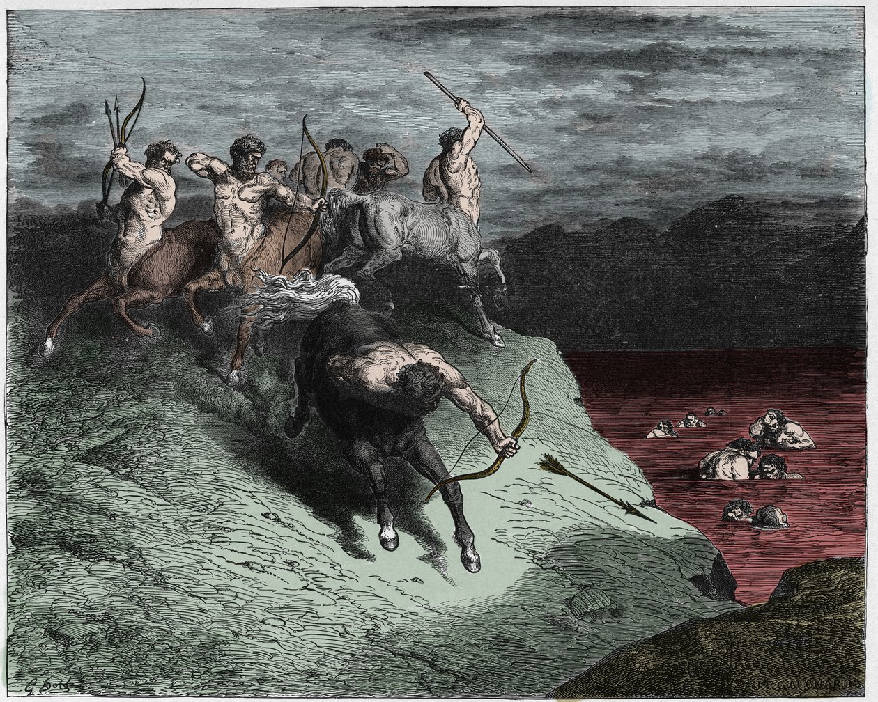 Inferno, Chant 12 : Les centaures attaquent les âmes dans le sang bouillant, illustration de La Divine Comédie de Dante Alighieri, 1885 - Gustave after Dore