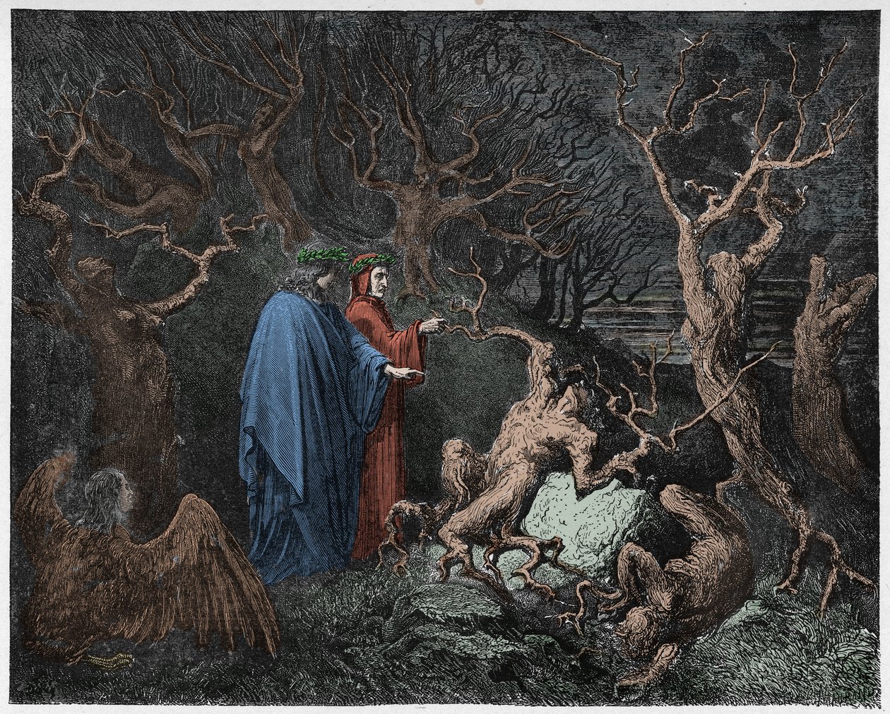 Inferno, Chant 13 : Les suicidés dans la forêt, illustration de La Divine Comédie de Dante Alighieri, 1885 - Gustave after Dore