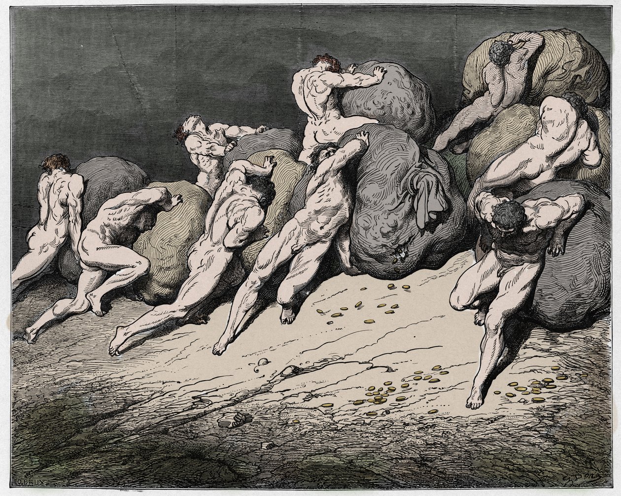 Inferno, Chant 7 : Les âmes des avares et des prodigues forcées de rouler des pierres lourdes, illustration de La Divine Comédie de Dante Alighieri, 1885 - Gustave after Dore