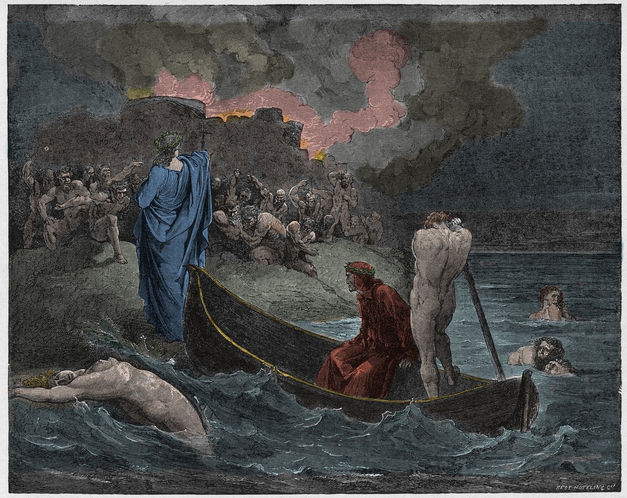 Inferno, Chant 8 : Virgile et Dante débarquent à la citadelle de Dis, illustration de La Divine Comédie de Dante Alighieri, 1885 - Gustave after Dore