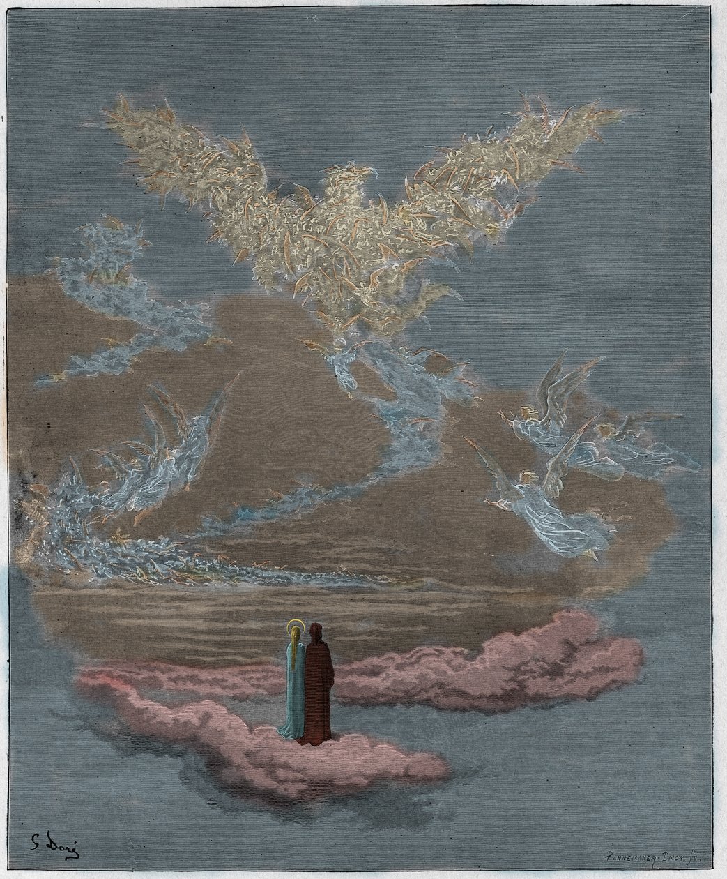 Paradis, Chant 19 : Les âmes bénies forment un aigle dans le ciel, illustration de La Divine Comédie de Dante Alighieri, 1885 (gravure colorée numériquement) - Gustave after Dore