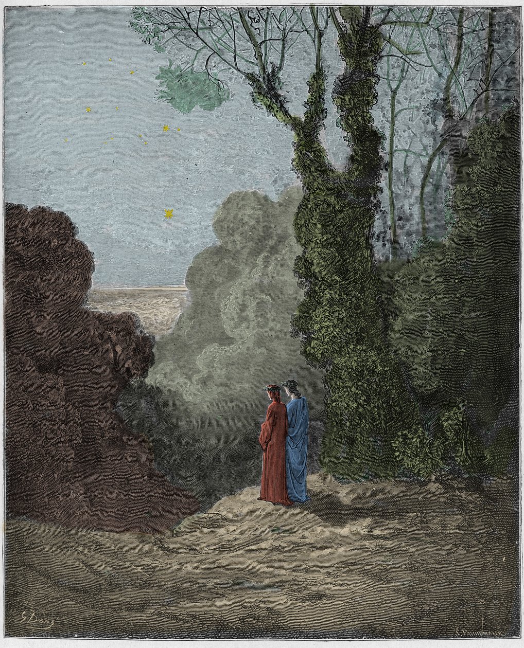 Purgatoire, Chant 1 : Les poètes contemplent la beauté de Vénus dans le ciel du matin, illustration de La Divine Comédie de Dante Alighieri, 1885 (gravure colorée numériquement) - Gustave after Dore