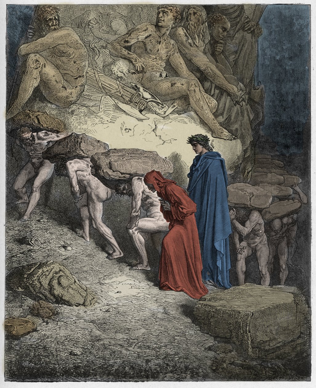 Purgatoire, Chant 11 : Les âmes des orgueilleux, portant de lourdes pierres, illustration de La Divine Comédie de Dante Alighieri, 1885 (gravure colorée numériquement) - Gustave after Dore