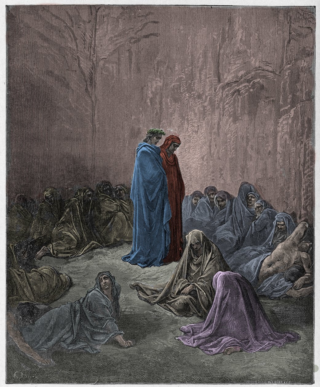 Purgatoire, Chant 13 : Les âmes des envieux, illustration de La Divine Comédie de Dante Alighieri, 1885 (gravure colorée numériquement) - Gustave after Dore