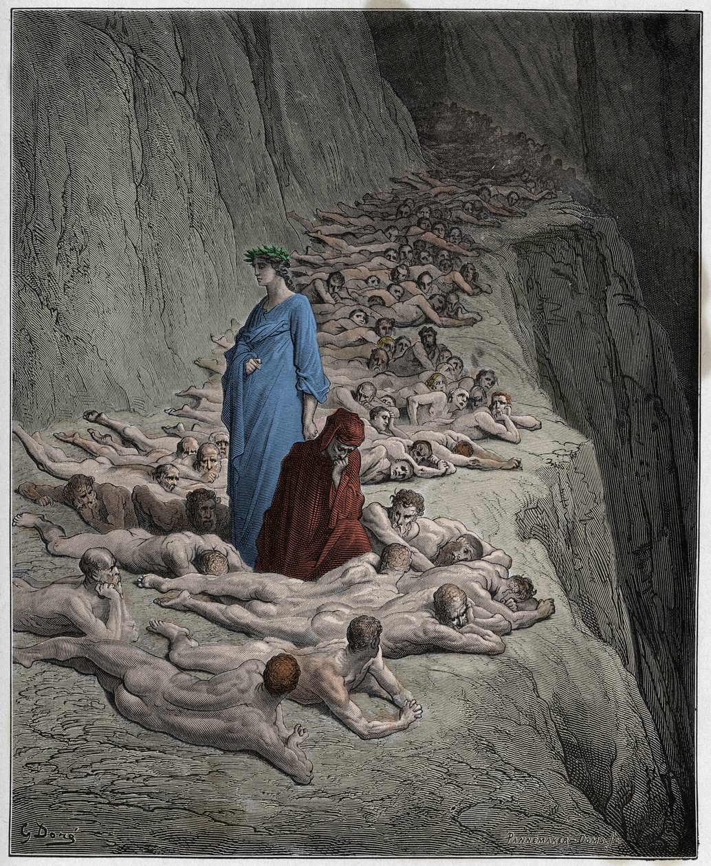 Purgatoire, Chant 19 : Les âmes des avares : Adrien V (pape Adrien V) parle à Dante, illustration de La Divine Comédie de Dante Alighieri, 1885 (gravure colorée numériquement) - Gustave after Dore